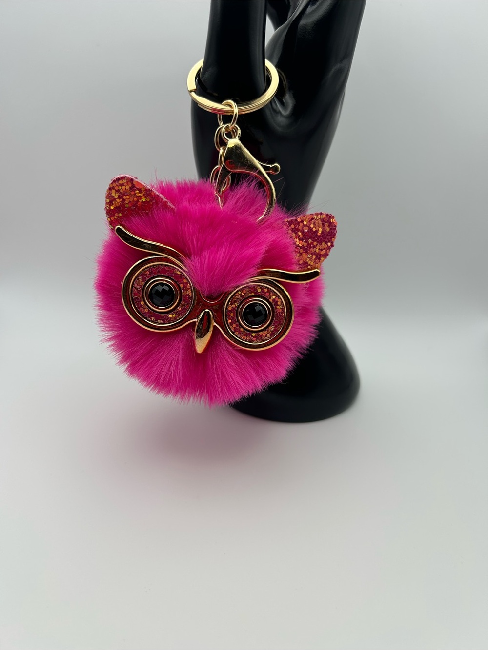 Fuchsia Pom Pom Keychain with Sparkle Cat Ears
